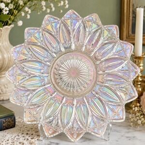 Federal Glass Celestial Starburst Iridescent Glass Platter Luster VTG 60s 11"